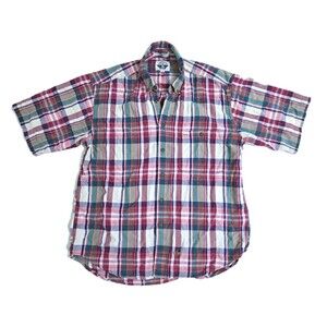 Dockers Men's Madras Plaid Short Sleeve Button Up Shirt Red Green Purple Vintage